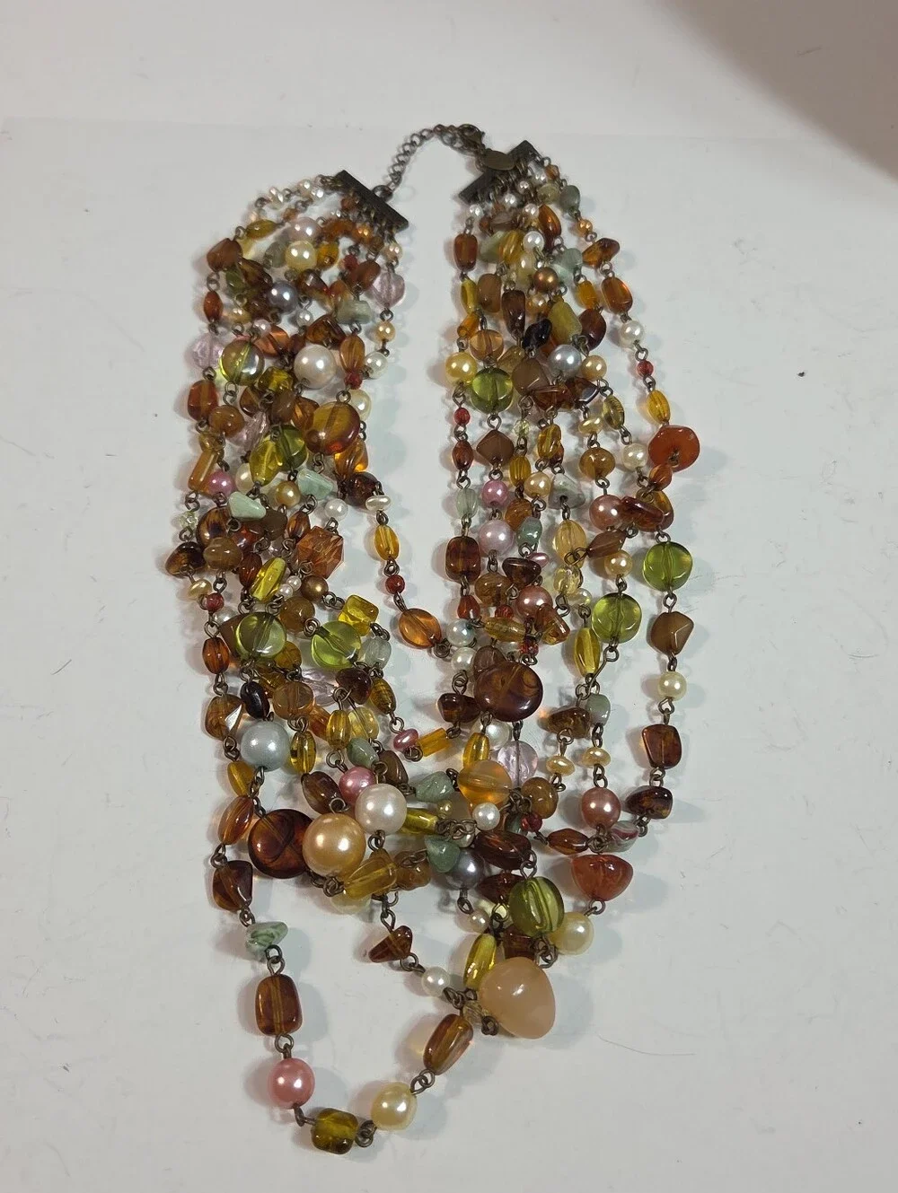 multi stranded beaded faux pearl statement necklace amber green white pink 16in